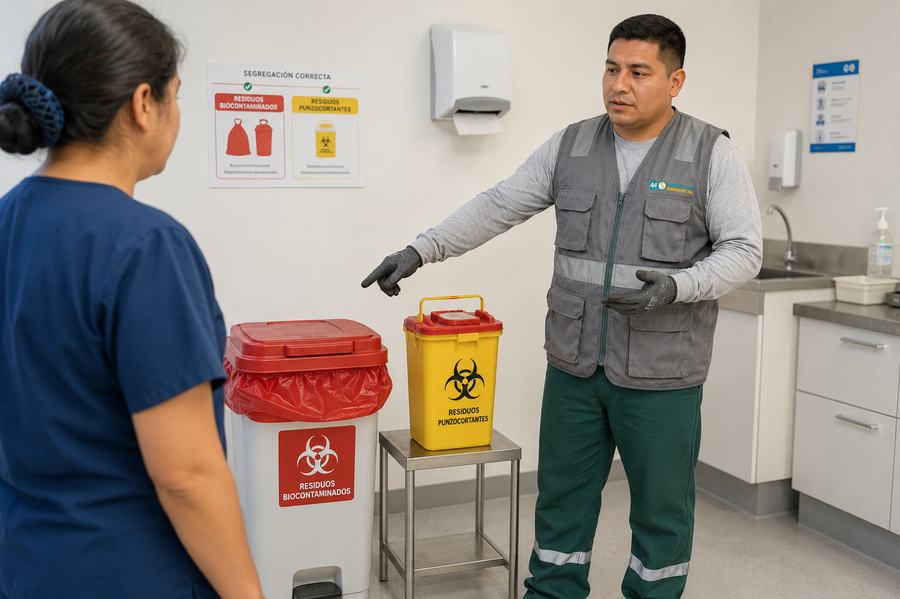 Operario explicando la segregación correcta de residuos biocontaminados y punzocortantes
